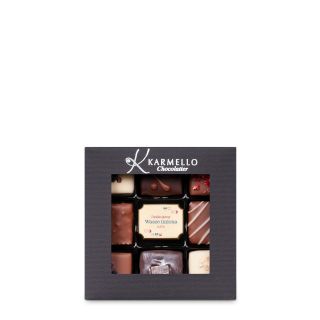 W06 Set of 9 Pralines with Chocolate “Thank You“ in a box with a window
