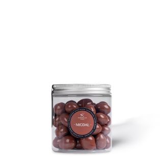 Almond in milk chocolate in a jar