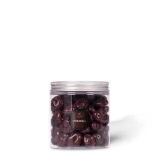 Cranberries in dark chocolate in a jar