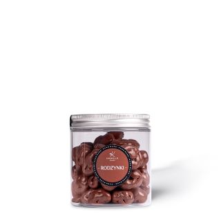 Raisin in milk chocolate in a jar