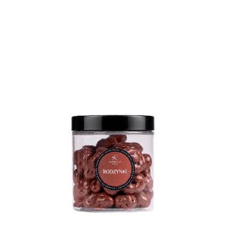 Raisin in milk chocolate in a jar
