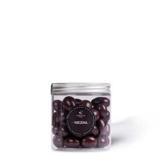 Almond in dark chocolate in a jar