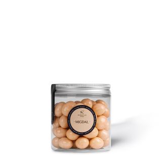 Almond in white chocolate in a jar